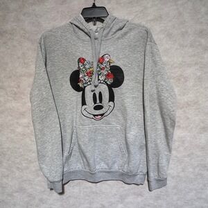Disney Minnie Mouse Floral‎ Hoodie Heather Gray Womens Large Pullover Sweatshirt